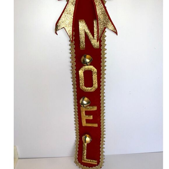 Vintage MCM Christmas wall hanging NOEL red and gold with bells and bow - Picture 2 of 5